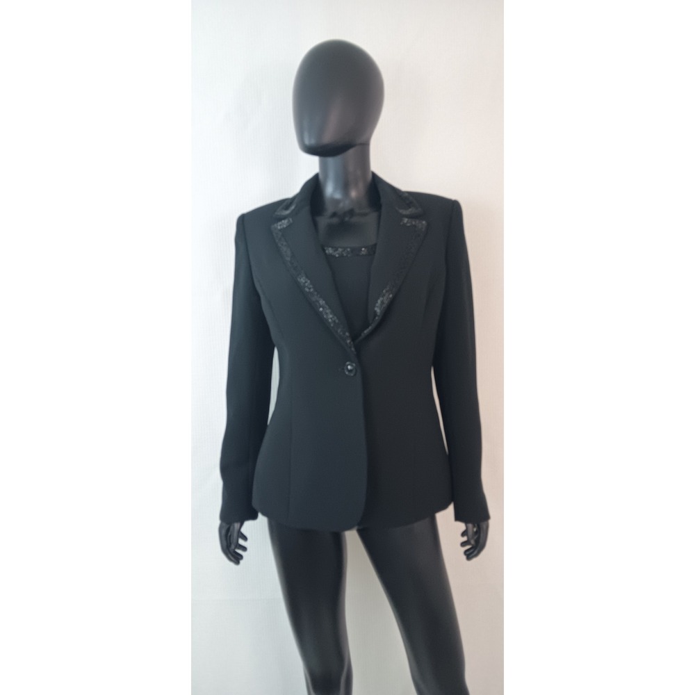 Kasper Womens 2 Piece Blazer Jacket and Shell Set Black Beaded Trim Size 8